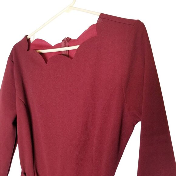 Womens Burgundy Scalloped Neck Long Sleeve Dress Size L Polyester Blend Workwear - Picture 6 of 12
